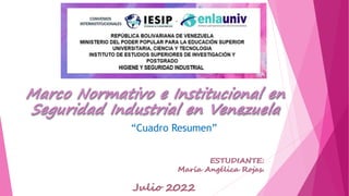 Marco Normativo e Institucional en
Seguridad Industrial en Venezuela
ESTUDIANTE:
María Angélica Rojas.
Julio 2022
“Cuadro Resumen”
 