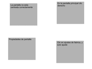 Propiedades de pantalla
Clic en ajustes de fabrica, y
auto ajuste
La pantalla no esta
centrada correctamente
En la pantalla principal clic
derecho
 