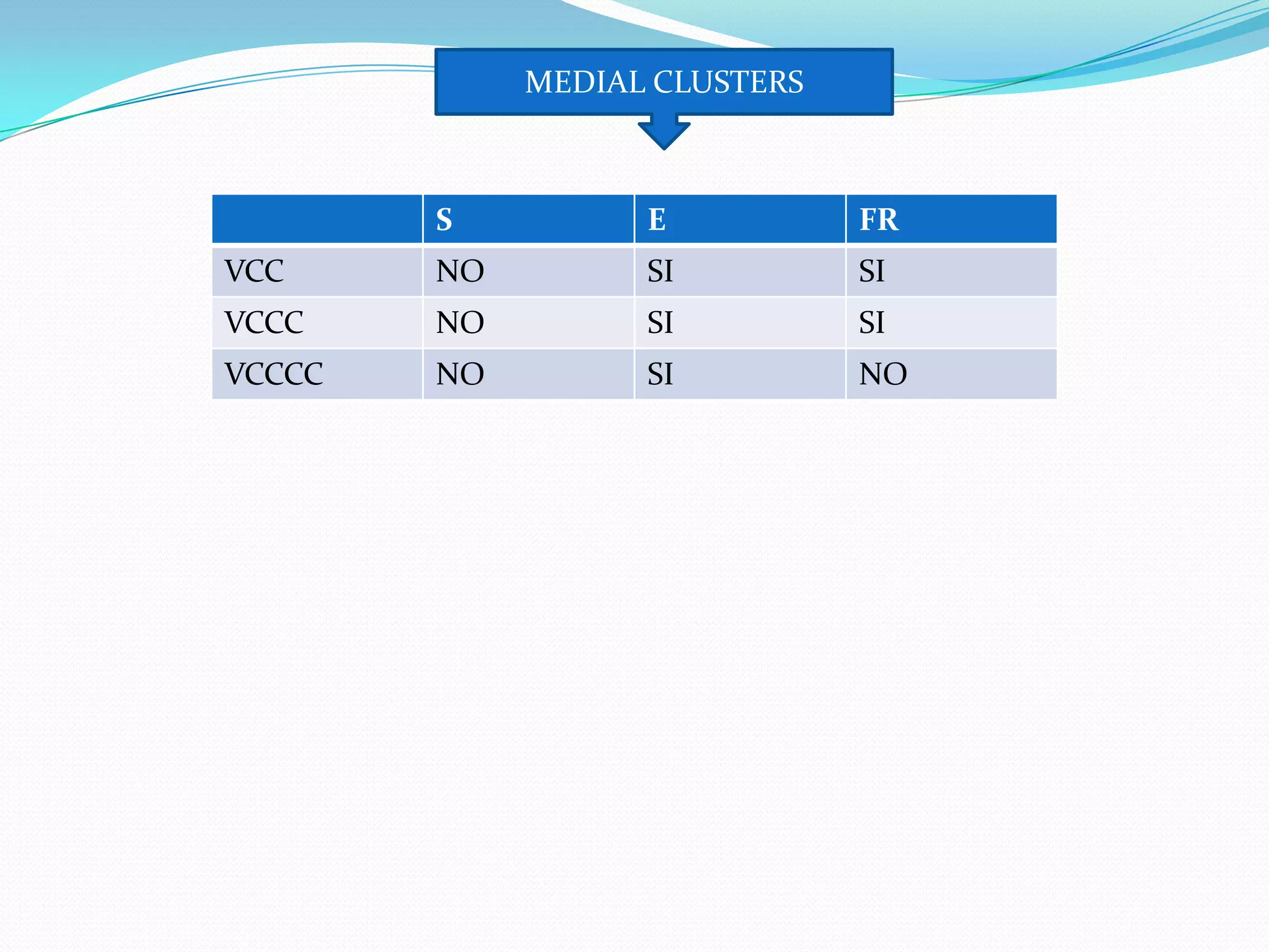 MEDIAL CLUSTERS



        S          E           FR
VCC     NO         SI          SI
VCCC    NO         SI          SI
VCCCC   NO         SI          NO
 