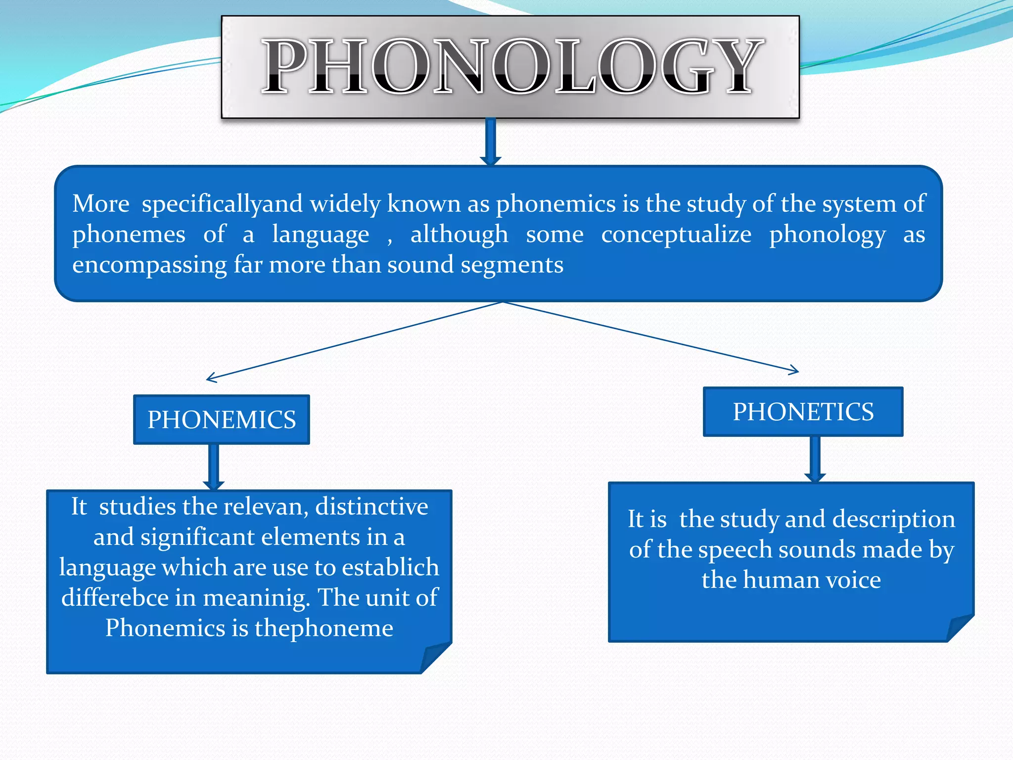 More specificallyand widely known as phonemics is the study of the system of
 phonemes of a language , although some conceptualize phonology as
 encompassing far more than sound segments




        PHONEMICS                                          PHONETICS


 It studies the relevan, distinctive              It is the study and description
    and significant elements in a                 of the speech sounds made by
language which are use to establich                       the human voice
differebce in meaninig. The unit of
     Phonemics is thephoneme
 