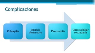 Complicaciones
Colangitis
Ictericia
obstructiva
Pancreatitis
Cirrosis biliar
secundaria
 