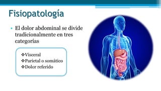 Fisiopatología
• El dolor abdominal se divide
tradicionalmente en tres
categorías
Visceral
Parietal o somático
Dolor referido
 