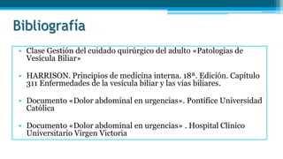 Bibliografía
• Clase Gestión del cuidado quirúrgico del adulto «Patologías de
Vesícula Biliar»
• HARRISON. Principios de medicina interna. 18ª. Edición. Capítulo
311 Enfermedades de la vesícula biliar y las vías biliares.
• Documento «Dolor abdominal en urgencias». Pontífice Universidad
Católica
• Documento «Dolor abdominal en urgencias» . Hospital Clínico
Universitario Virgen Victoria
 
