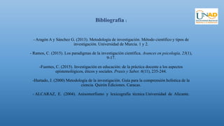 Bibliografía :
- Aragón A y Sánchez G. (2013). Metodología de investigación. Método científico y tipos de
investigación. Universidad de Murcia. 1 y 2.
- Ramos, C. (2015). Los paradigmas de la investigación científica. Avances en psicología, 23(1),
9-17.
-Fuentes, C. (2015). Investigación en educación: de la práctica docente a los aspectos
epistemológicos, éticos y sociales. Praxis y Saber, 6(11), 235-244.
-Hurtado, J. (2000) Metodología de la investigación. Guía para la comprensión holística de la
ciencia. Quirón Ediciones. Caracas.
- ALCARAZ, E. (2004). Anisomorfismo y lexicografía técnica Universidad de Alicante.
 