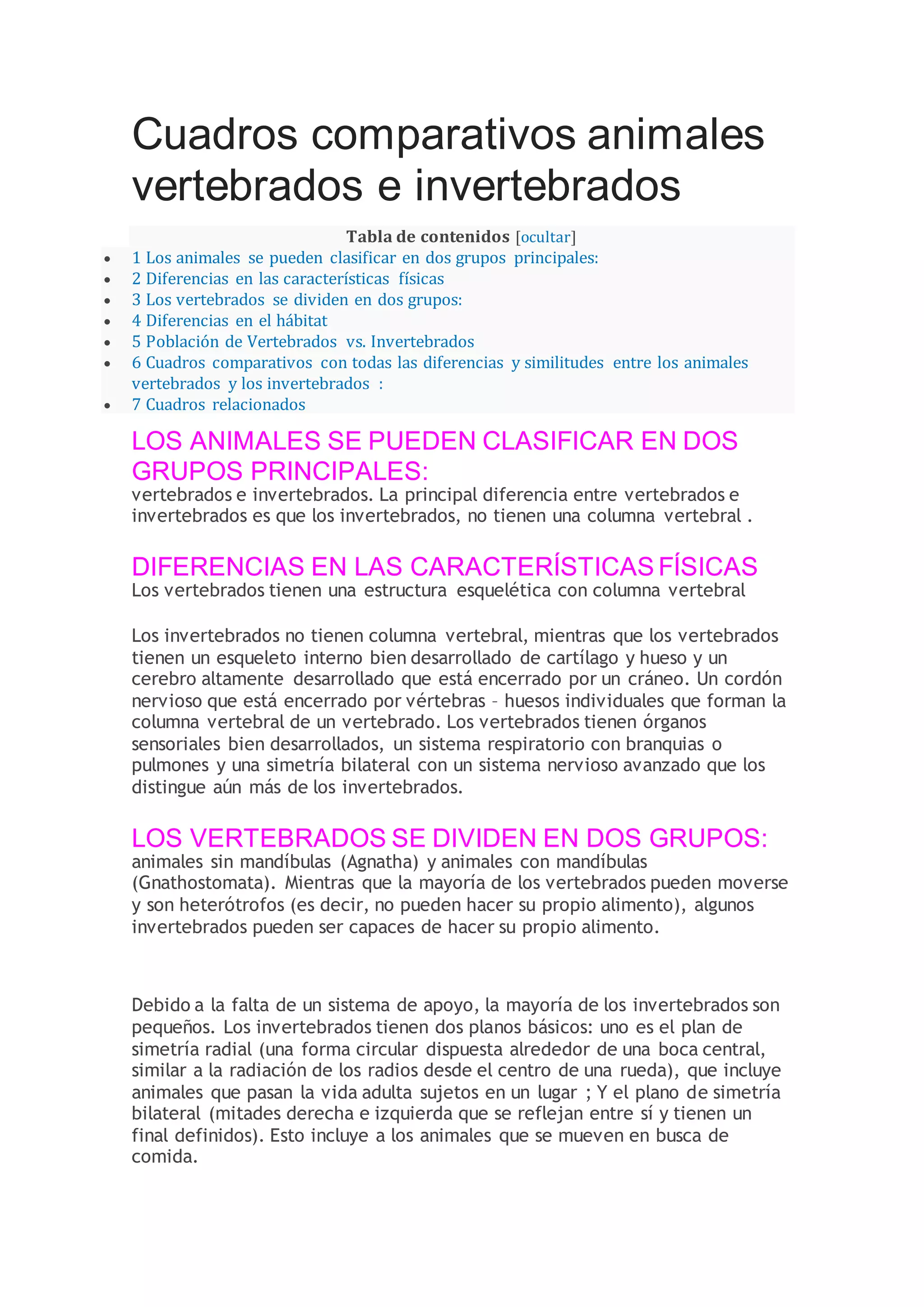 Cuadros comparativos animales vertebrados e invertebrados | DOCX
