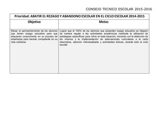 CONSEJO TECNICO ESCOLAR 2015-2016
Prioridad: ABATIR EL REZAGO Y ABANDONO ESCOLAR EN EL CICLO ESCOLAR 2014-2015
Objetivo Metas
Elevar el aprovechamiento de los alumnos
que tienen rezago educativo para que
adquieran conocimiento en su proceso de
enseñanza para hacerlo competente en su
vida cotidiana.
Lograr que el 100% de los alumnos que presenten rezago educativo se integren
de manera regular a las actividades académicas mediante la utilización de
estrategias específicas para niños en esta situación, iniciando con la detección de
los mismos y la implementación de adecuaciones curriculares a la carta
descriptiva, atención individualizada y actividades lúdicas, durante todo el ciclo
escolar.
 