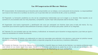 Las 10 Competencias del Docente Moderno
#1 Comprometido: Es fundamental que el docente esté comprometido con su trabajo y con la educación de los jóvenes. La responsabilidad
que recae en las manos de un profesor es enorme, por lo que éste debe ser consciente de ello y amar su profesión.

#2 Preparado: La formación académica es otra de las competencias tradicionales que se le exigen a un docente. Este requisito va en
aumento en una sociedad cada vez más preparada y competente. Cuanto mejor esté preparado esté el docente, mejor.
#3 Organizado: Una buena organización y planificación del curso por anticipado son factores clave para el éxito del mismo. Es muy
importante que el docente organice adecuadamente el temario a impartir y el tiempo para poder cubrirlo en su integridad.
#4 Tolerante: En una sociedad cada vez más diversa y multicultural, es necesario que el docente no tenga prejuicios y que trate por igual a
todos los estudiantes sin mostrar favoritismos.
#5 Abierto a Preguntas: El debate y la colaboración en clase son esenciales para estimular a los alumnos y para poner en práctica nuevas
técnicas de enseñanza. El docente debe estar abierto a responder preguntas de sus alumnos y mostrarse colaborativo.
#6 Contador de Historias: Una de las mejores formas de enseñar y trasmitir ideas es a través de las historias. Los mejores profesores usan
este método en sus clases desde hace siglos. Debido a su efectividad, esta técnica es usada hoy en día no solo por los profesores, sino
también por muchos otros profesionales, como los especialistas de Marketing en sus campañas.

 