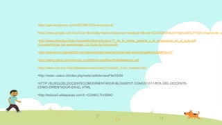 •http://apli.wordpress.com/2007/09/12/la-ensenanza/

•http://www.google.com.ni/url?sa=t&rct=j&q=&esrc=s&source=web&cd=9&ved=0CGAQFjAI&url=http%3A%2F%2Fcmapserver.un
•http://www.sinectica.iteso.mx/assets/files/articulos/17_de_la_teoria_general_a_la_ensenanza_en_el_aula.pdf
Características del aprendizaje | La Guía de Educación
•http://educacion.laguia2000.com/aprendizaje/caracteristicas-del-aprendizaje#ixzz2pM97zuY7
•http://ylang-ylang.uninorte.edu.co:8080/drupal/files/RoldelMaestro.pdf
•http://www.cca.org.mx/profesores/cursos/cep21/modulo_2/rol_maestro.htm
•http://redec.utalca.cl/index.php/redec/article/viewFile/53/56
•HTTP://ELROLDELDOCENTECOMOORIENTADOR.BLOGSPOT.COM/2012/11/ROL-DEL-DOCENTECOMO-ORIENTADOR-EN-EL.HTML
•http://teduca3.wikispaces.com/5.+CONECTIVISMO

 