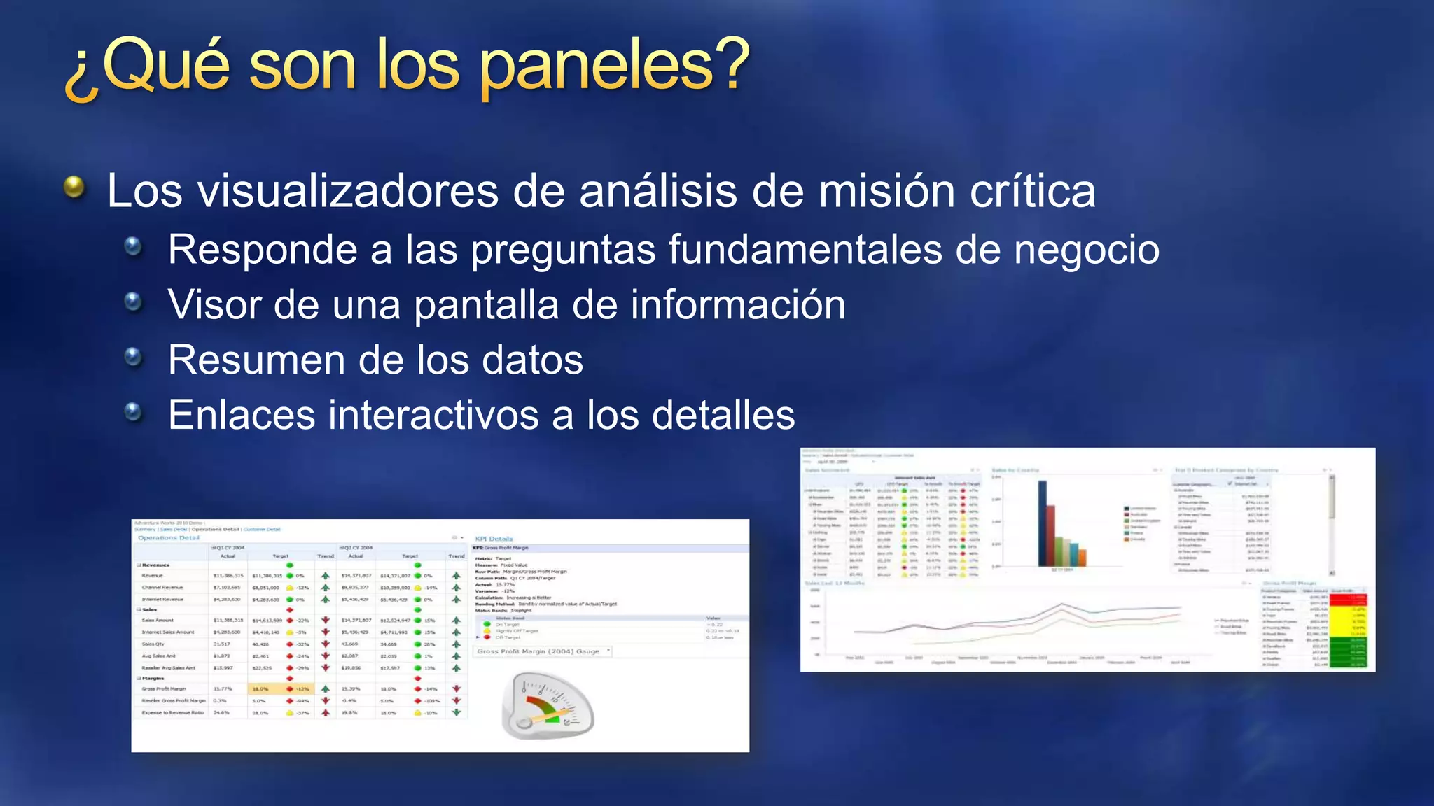 Los visualizadores de análisis de misión crítica
Responde a las preguntas fundamentales de negocio
Visor de una pantalla de información
Resumen de los datos
Enlaces interactivos a los detalles

 