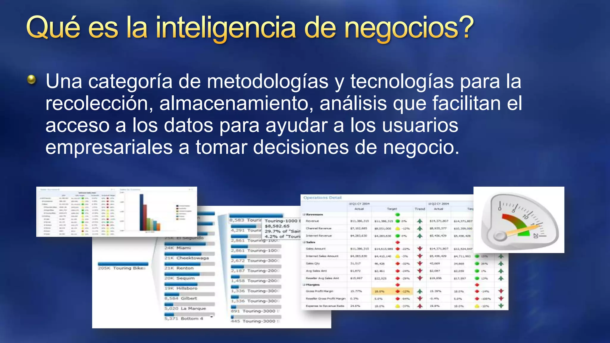 Una categoría de metodologías y tecnologías para la
recolección, almacenamiento, análisis que facilitan el
acceso a los datos para ayudar a los usuarios
empresariales a tomar decisiones de negocio.

 
