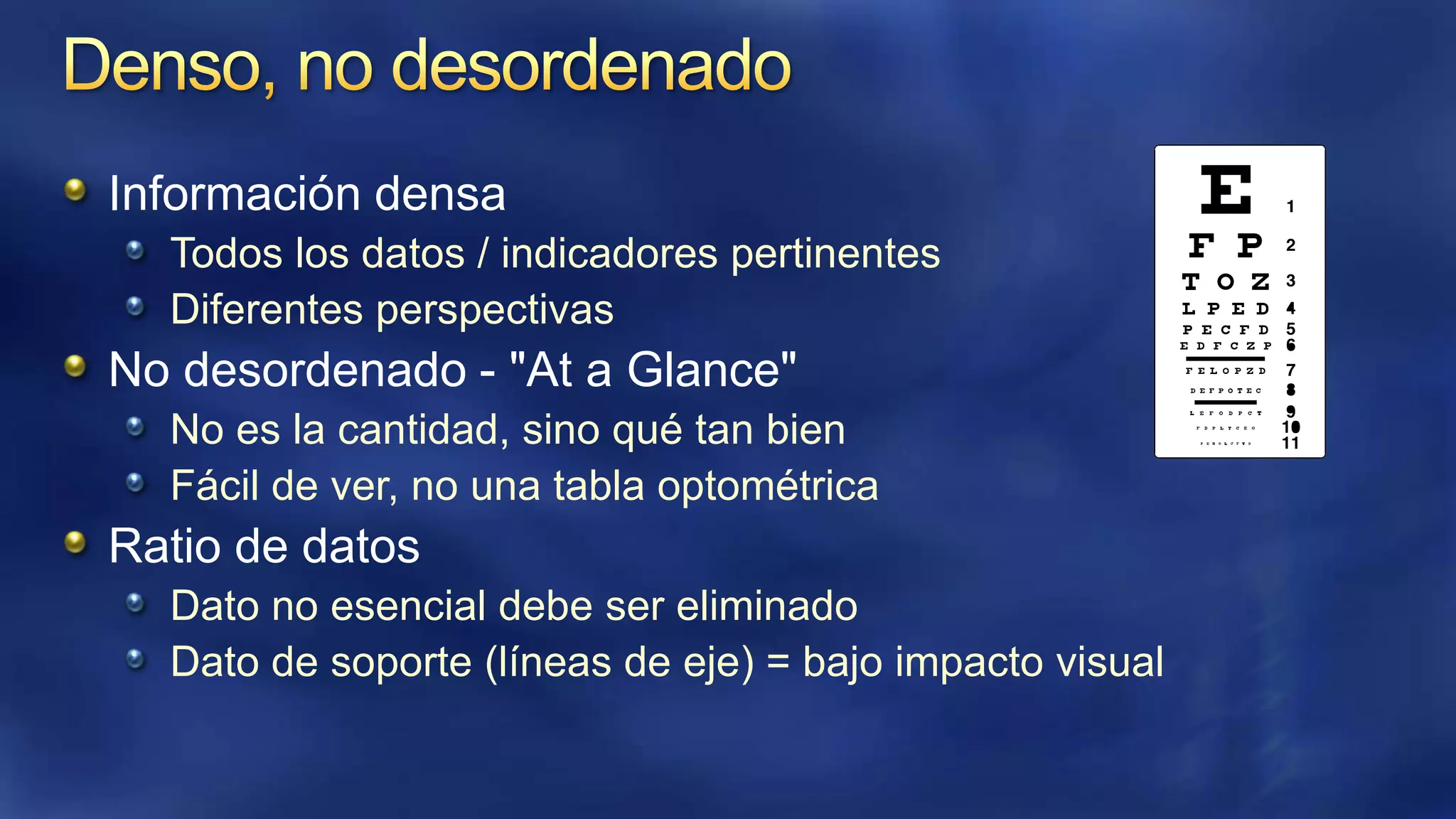 Información densa
Todos los datos / indicadores pertinentes
Diferentes perspectivas

No desordenado - "At a Glance"
No es la cantidad, sino qué tan bien
Fácil de ver, no una tabla optométrica

Ratio de datos
Dato no esencial debe ser eliminado
Dato de soporte (líneas de eje) = bajo impacto visual

 