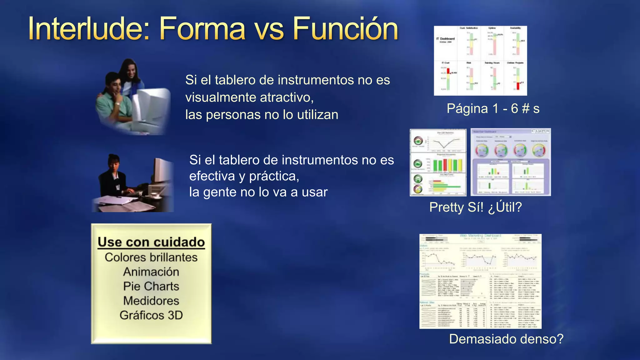 Si el tablero de instrumentos no es
visualmente atractivo,
las personas no lo utilizan

Página 1 - 6 # s

Si el tablero de instrumentos no es
efectiva y práctica,
la gente no lo va a usar
Pretty Sí! ¿Útil?

Demasiado denso?

 