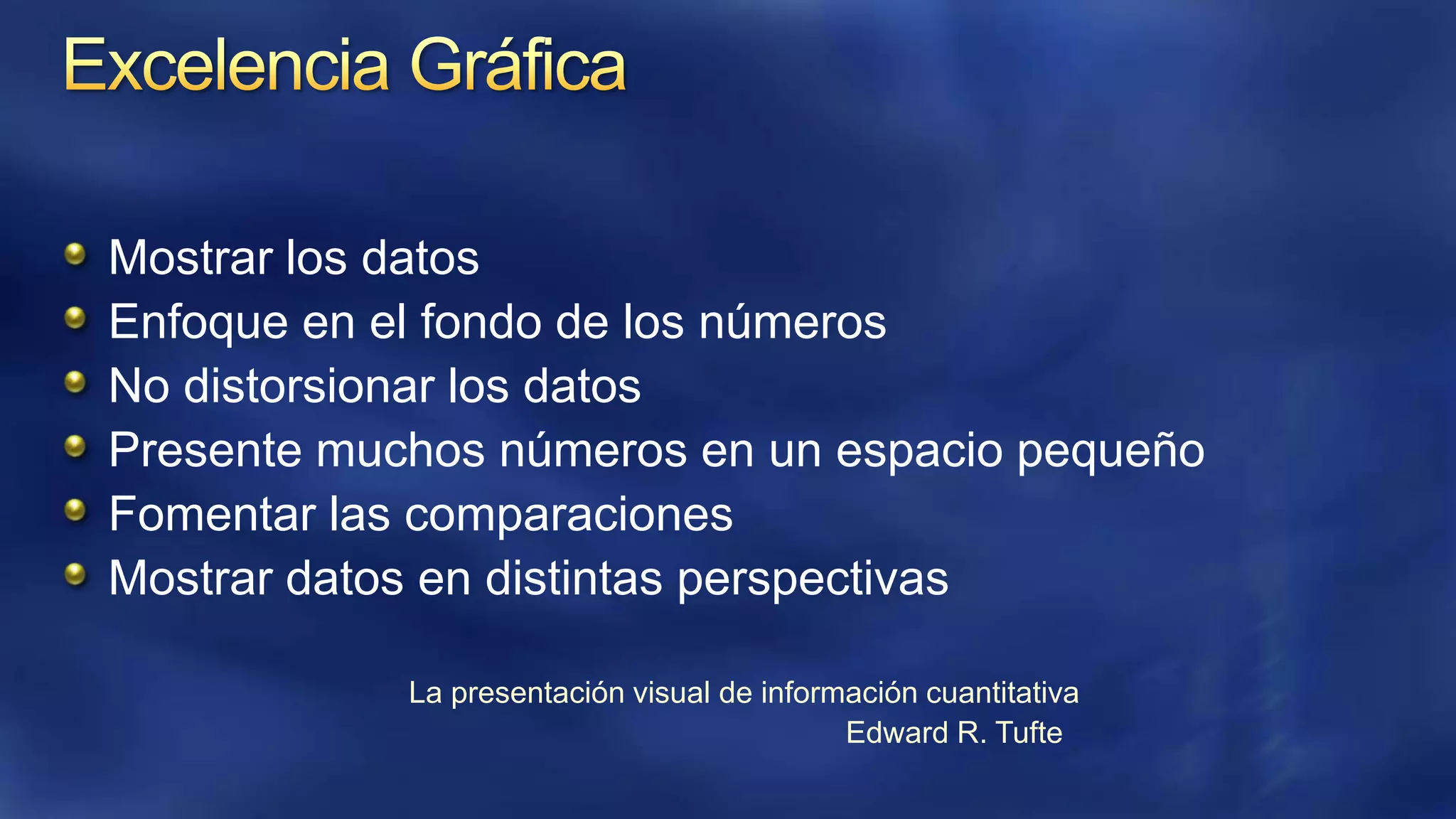 Mostrar los datos
Enfoque en el fondo de los números
No distorsionar los datos
Presente muchos números en un espacio pequeño
Fomentar las comparaciones
Mostrar datos en distintas perspectivas
La presentación visual de información cuantitativa
Edward R. Tufte

 