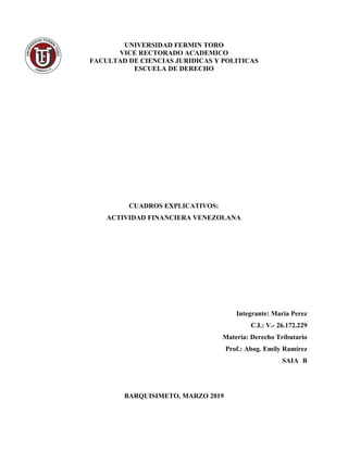 UNIVERSIDAD FERMIN TORO
VICE RECTORADO ACADEMICO
FACULTAD DE CIENCIAS JURIDICAS Y POLITICAS
ESCUELA DE DERECHO
CUADROS EXPLICATIVOS:
ACTIVIDAD FINANCIERA VENEZOLANA
Integrante: Maria Perez
C.I.: V.- 26.172.229
Materia: Derecho Tributario
Prof.: Abog. Emily Ramírez
SAIA B
BARQUISIMETO, MARZO 2019
 