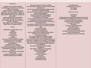 MONTURAS 
1 caballo rucio, llamado Curillas, 
mandando que lo dieran a su hermano 
Alfonso de Guzmán. 
1 caballo castaño, mandando que se 
vendiese y de lo que valiese lo dieran a 
Íñigo López de Santa María y a Íñigo, su 
hijo, paje del dicho Juan de Guzmán, de 
por medio. 
1mula castaña oscura para darla a 
Álvaro de Valverde, su escudero. 
1jaca castaña para darla a Gonzalo de 
Fuentes, su criado. 
1jaca hobera, para darla a Íñigo de 
Santa María, su hombre de pie. 
ARMAS: 
13 ballestas, once de rollos y 2 de 
costillas 
3 martinetes 
2 garrujas 
Un arco torquí 
9 fajas 
203 viratones 
Una cota corriente fazarón de Milán 
Unas bragas de acero de Milán 
Un elmeto, almete?, con toda su 
guarnimiento. 
2 lanaras de otro almete. 
2 pares de manoplas de Milán. 
Un par de brazales que no son de Milán 
2 guardabrazos de Milán, derecho e 
izquierdo 
2 barretas, la una con sus varaescudos 
enderredor 
2 musequines pequeños de Milán 
2 fachas pequeñas para caballos 
6 fierros de lanzas de armas de Milán 
Una escarela guarnida con cuatro cabos de plata 
sobredoraros 
2 pares de espuelas doradas guarnidas en plata 
Otro par de espuelas doradas 
Otro par de espuelas prietas guarnidas en plata 
Unas encaladas jinetas 
Un gorjal de malla de Milán grueso 
Unos mantillos de malla de Milán 
Unas platas con su faldaje 
2 pares de escarcelas de acero para las platas 
2 espadas de armas de ambas manos 
Una fojas de Génova guarnidas en cuero blanco 
Un plumaje prieto 
Una caja de viratones con su cerradura de plata 
5 cascos de bacinetes sin camerales y una pieza 
vieja 
2 pares de brazales 
Un arnés de piernas 
6 escudos de Villamayor 
Otro escudo que tiene Íñigo de Santa María 
5 lanzas de armas sin fierros 
Una lanza de monte 
Una caja de viratones de ballesta torquí. 
Un husillo de fierro para armas ballesta 
Una cota corriente de acero de Milán gruesa y en 
los pechos y delgada en las mangas y en las faldas 
Otra cota corriente de acero de Milán que fue de 
Juan de Enarcal (en testamento dice Alarcón) 
Una silla jineta 
Otra silla de la guisa de los de Milán 
2 tendejones 
Otro almete, 2 baberas y una adarga. 
2 pares de guardabrazos 
1 par de manoplas 
Unos brazales 
Un arnés de piernas 
Una cota 
Unos gonzotes 
Una facha de a pie 
Una lanza de armas 
Una silla italiana 
Una ballesta con su polea 
Una adarga 
Una celada 
ROPAS DE VESTIR: 
2 linfaueras 
Un jubón 
Un balandrán de sarga blanco enforrado de marta 
Un balandrán de pardillo enforrado de corderinas 
Un par de calzas de escarlata 
Un par de calzas de paño blanco 
Una caperuza de befre 
Otra pieza 
Un par de espuelas doradas 
Un mantón prieto 
2 pares de capirotes 
Unas calzas flandescas 
Una faja con una Jarra de Santa María 
2 pares de borceguíes 
3 pares de zapatos blancos y colorados 
 