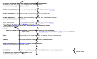 4392064-11066301565737-23535400                                                                                       LOS RECURSOS NATURALES                 son aquellos bienes materiales y servicios que proporciona la naturaleza <br />                                                                                                                                                         sin alteración por parte  del ser humano; y que son valiosos para las sociedades humanas <br />                                                                                                                                                         por contribuir a su bienestar y desarrollo de manera directa.<br />                                                                                      <br />4391602520700                                                                                      <br />                                                                                     RECURSOS HUMANOS (RRHH)            Al trabajo que aporta el conjunto de los empleados o colaboradores de esa organización.<br />                                                                                       <br />43775179461500                                                                                  <br />                                                                                    RECURSOS FINANCIEROS                       Son el efectivo y el conjunto de activos financieros que tienen un grado de liquidez.<br />                                                                                     <br />42946789525000                                                                                    <br />                                                                                   RECURSOS TECNOLÓGICOS                    Son manejo de recursos tecnológicos y tecnologías, en un proceso dinámico y evolutivo, <br />                                                                                                                                                        con miras a alcanzarlos objetivos de la organización.<br />42946797810500                                                                   <br />                                                                                  SECTOR AGROPECUARIO                         Es la actividad humana orientada al cultivo del campo y la crianza de animales. <br />                                                                                                                                                        Reúne las palabras ``Agricultura y Pecuaria´´. Agricultura es el cultivo de la tierra para <br />    ESCACEZ DE                                                                                                                               sembrar alimentos; y la Pecuaria que es sinónimo de ganadería que es la crianza de animales <br />                                                                                                                                                        con fines de producción alimenticia.<br />42809391676400RECURSOS<br />                                                                     POBLACIÒN ECONÒMICA-                       La población activa de un país es la cantidad de personas que se han incorporado al<br />                                                                                  MENTE ACTIVA                                           mercado de trabajo, es decir, que tienen un empleo o que lo buscan actualmente. <br />                                                                        <br />42812288174200                                                                                       <br />                                                                                     EMPLEO                                                 Es la concreción de una serie de tareas a cambio de una retribución pecuniaria denominada salario.<br />                                                                  <br />42535199640500                                                                                    <br />                                                                                   SUBEMPLEO                                           Aparece cuando las personas ocupadas no alcanzan su nivel de pleno empleo.<br />                                                               <br />4211955424300                                                                                    <br />                                                                                   DESEMPLEO                                           Desocupación o paro, en el mercado de trabajo, hace referencia a la situación <br />                                                                                                                                                    del trabajador que carece de empleo y, por tanto, de salario.  <br />9255010-1212004211955-121200                                                                   <br />                                                                                SATISFACTORES                                    Se entiende a todo bien de consumo que cubre necesidades para el ser humano. Aire, agua, alimentos<br />Vivienda, vestido.<br />                                                                                                                                                    Los satisfactores son las cosas materiales que nos facilitan la vida.<br />                                                                                                                                                    Los satisfactores imprescindibles son:<br />9781309-16579300407300616637000                                                                                Son aquellos elementos materiales que satisfacen directa oel móvil, un reloj, <br /> <br />1648864167410BIEN             indirectamente los deseos o necesidades de los seres                   el pan, lápiz.<br />SEGÚN SU MATERIALIDAD                         humanos.<br />97809052799800Son aquellas actividades inmateriales que se destinan directa o<br />Un viaje, educación,<br />BIENES Y SERVICIOS SERVICIO         <br />Indirectamente a satisfacer las necesidades humanas.Un seguro.<br />50570821561520034222464531600<br />SEGÚN SU CARÁCTER              BIENES LIBRES                       Son muy abundantes o ilimitados, no tienen propiedad. Son  <br />505944927114500Gratuitos. <br />                                                                                                                       BIENES ECONÒMICOSSon escasos en relación a los deseos que hay de ellos. Son apropiables<br />18012641517650Y requieren de una actividad económica<br />       La Teoría del valor como costo de producción es la creencia en que el valor de un objeto es decidido por <br />                                                                                   los recursos consumidos necesarios para crearlo o para hacerlo.<br />TEORIAS DEL VALOR<br />                                                                               El contrapuesto más común a esta teoría es la teoría marginal del valor que afirma que ese valor económico es fijado por la<br />                                                                             utilidad marginal para el consumidor, que es el punto de vista más extensamente aceptado en la economía moderna.<br />                                                                             Dos de las teorías de coste de producción más comunes son la teoría medieval del precio y la teoría clásica del valor del trabajo. <br />                                                                            La teoría del valor del trabajo es todavía apoyada por la mayoría de los economistas marxistas<br />