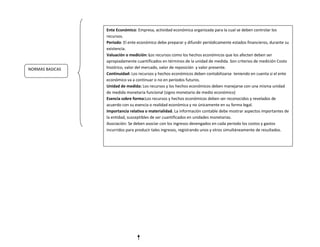Ente Económico: Empresa, actividad económica organizada para la cual se deben controlar los
                 recursos.
                 Periodo: El ente económico debe preparar y difundir periódicamente estados financieros, durante su
                 existencia.
                 Valuación o medición: Los recursos como los hechos económicos que los afecten deben ser
                 apropiadamente cuantificados en términos de la unidad de medida. Son criterios de medición Costo
NORMAS BASICAS   histórico, valor del mercado, valor de reposición y valor presente.
                 Continuidad: Los recursos y hechos económicos deben contabilizarse teniendo en cuenta si el ente
                 económico va a continuar o no en periodos futuros.
                 Unidad de medida: Los recursos y los hechos económicos deben manejarse con una misma unidad
                 de medida monetaria funcional (signo monetario de medio económico)
                 Esencia sobre forma:Los recursos y hechos económicos deben ser reconocidos y revelados de
                 acuerdo con su esencia o realidad económica y no únicamente en su forma legal.
                 Importancia relativa o materialidad. La información contable debe mostrar aspectos importantes de
                 la entidad, susceptibles de ser cuantificados en unidades monetarias.
                 Asociación: Se deben asociar con los ingresos devengados en cada periodo los costos y gastos
                 incurridos para producir tales ingresos, registrando unos y otros simultáneamente de resultados.
 