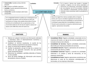  Comprensible: Cuando es clara y Fácil de          Cualidades                   Concepto     Es la ciencia y técnica que enseña a recopilar,
  entender                                                                                    clasificar y registrar, de una forma sistemática y
 Útil: Cuando es confiable y oportuna.                                                       estructural, las operaciones mercantiles realizadas
 Confiable: Cuando representa fielmente los                                                  por una empresa, con el fin de producir informes
  hechos económicos                                                                           que, analizados e interpretados, permitan planear,
                                                                                              controlar y tomar decisiones sobre la actividad de la
 Comparable: Cuando se prepara sobre bases                  LA CONTABILIDAD                  empresa.
  comparables.

                                                                             Duran te el siglo XV la técnica contable sufrió un impacto
     En la antigüedad existieron pueblos que se distinguieron por
                                                                             fuerte, por lo que se considera la gestación de las bases de
     ser grandes mercaderes, como los fenicios en Asia y los
                                                                             lo que se conoce hoy como Contabilidad, en este periodo se
     venecianos en Europa, estos pueblos desarrollaron formas
                                                                             le atribuyó la paternidad de la Contabilidad al monje Luca
     primitivas de contabilización de sus operaciones, se han
                                                                             Paccioli, quien protocolizó un esquema rudimentario para
     encontrado evidencias de este tipo de registro a épocas tan
                                                                             registrar operaciones mercantiles.
     lejanas como 3000 años antes de nuestra era.




                        OBJETIVOS                                                                 RAMAS
     1. Obtener en cualquier momento una información ordenada            Contabilidad Oficial: Registra actividades comerciales de las
        y sistemática sobre el desenvolvimiento económico y               empresas del estado y se rige por las normas expedidas por la
        financiero de la empresa.                                         Contaduría General de la Nación.
     2. Establecer en término monetarios, la cuantía de los
                                                                         Contabilidad de Servicios: Registra actividades comerciales
        bienes, deudas y el patrimonio que posee la empresa.
     3. Llevar un control de los ingresos y egresos.                      desarrollas por empresas prestadoras de servicios.
     4. Facilitar la planeación, ya que no solo da a conocer los         Contabilidad Bancaria: Registra operaciones de los bancos o
        efectos de una operación mercantil, sino que permite              corporaciones de ahorro y crédito.
        prever situaciones futuras.                                      Contabilidad Comercial: Registra y controla las actividades
     5. Determinar las utilidades o pérdidas obtenidas al finalizar       referentes a la compra y venta de mercancías, en las
        el ciclo contable.                                                empresas comerciales.
     6. Servir de fuente fidedigna de información ante terceros
                                                                         Contabilidad de Costos: Registra operaciones económicas que
        (proveedores, bancos y Estado).
                                                                          determinan el costo de los productos semielaborados y
                                                                          terminados, en las empresas industriales.
 