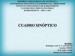 REPÚBLICA BOLIVARIANA DE VENEZUELA
UNIVERSIDAD PEDAGÓGICO EXPERIMENTAL LIBERTADOR
INSTITUTO PEDAGÓGICO DE BARQUISIMETO
“LUIS BELTRÁN PRIETO FIGUEROA”
BARQUISIMETO – EDO. LARA

Bachiller:
Rodríguez, José V. C.I 20.348.516
Sección: 5IF01N
Prof. Julio Castillo
Sistema de Información

 