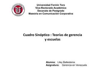 Universidad Fermín Toro 
Vice-Rectorado Académico 
Decanato de Postgrado 
Maestría en Comunicación Corporativa 
Cuadro Sinóptico : Teorías de gerencia 
y escuelas 
Alumna: Liley Ballesteros 
Asignatura: Gerencia en Venezuela 
 