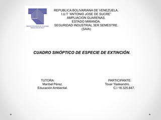 REPUBLICA BOLIVARIANA DE VENEZUELA.
I.U.T “ANTONIO JOSE DE SUCRE”
AMPLIACION GUARENAS.
ESTADO MIRANDA.
SEGURIDAD INDUSTRIAL 3ER SEMESTRE.
(SAIA)
CUADRO SINÓPTICO DE ESPECIE DE EXTINCIÓN.
TUTORA: PARTICIPANTE:
Maribel Pérez. Tovar Yasleandro.
Educación Ambiental. C.I 18.325.847.
 