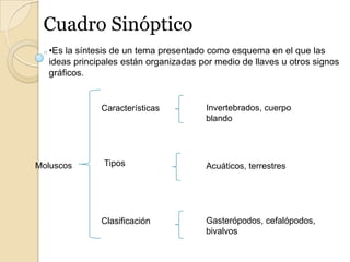 Cuadro Sinóptico ,[object Object],Invertebrados, cuerpo blando Características Tipos Moluscos Acuáticos, terrestres Gasterópodos, cefalópodos, bivalvos Clasificación 