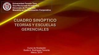 Curso de Nivelación
Guido A. Rodríguez Torrente
Marzo, 2014
Universidad Fermín Toro
Vice-Rectorado Académico
Decanato de Postgrado
Maestría en Comunicación Corporativa
 