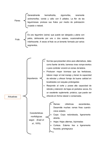 8
Flores
Generalmente hermafrodita, zigomorfas, raramente
actinomorfas; corola y cáliz con 5 pétalos. La flor de las
leguminosas produce sus frutos por medio de polinización
cruzada o natural.
Fruto
Es una legumbre (vaina) que puede ser alargada y plana con
pelos, dehiscente por una o dos suturas, ocasionalmente
indehiscente. A veces el fruto es un lomento formado por varios
segmentos.
Arbustivas
Importancia
 Son las que presentan otros usos alternativos, tales
como fuente de leña, barreras vivas rompe-vientos
o para controlar erosión en zonas de ladera.
 Producen mayor biomasa que las herbáceas,
toleran mejor el mal manejo y tienen la capacidad
de rebrotar y ofrecer forraje de buena calidad en
localidades con sequías prolongadas
 Responde al corte y posee alta capacidad de
rebrote y retención de hojas en períodos secos. Es
un excelente suplemento proteico, que puede ser
ofrecido en forma natural o conservada.
Características
morfológicas
según (Ewel et
al., 1976).
 Ramas: cilíndricas ascendentes.
Desarrolla muchas ramas finas cuando
crece aislado.
 Copa: Copa redondeada, ligeramente
abierta.
 Hojas: Hojas alternas, bipinnadas
 Corteza. Externa lisa a ligeramente
fisurada, grisnegruzca
 