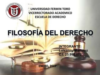 UNIVERSIDAD FERMIN TORO
VICERRECTORADO ACADEMICO
ESCUELA DE DERECHO
INTEGRANTE:
Luisanny Martínez
C.I. 25.992.879
ENERO, 2017
 