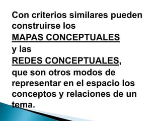 Con criterios similares pueden
construirse los
MAPAS CONCEPTUALES
y las
REDES CONCEPTUALES,
que son otros modos de
representar en el espacio los
conceptos y relaciones de un
tema.
 