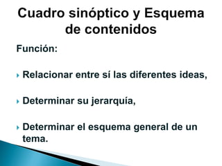 Función:

   Relacionar entre sí las diferentes ideas,

   Determinar su jerarquía,

   Determinar el esquema general de un
    tema.
 