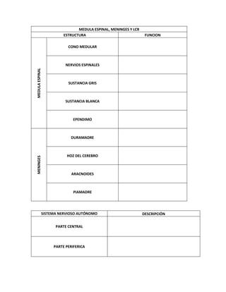 MEDULA ESPINAL, MENINGES Y LCR
                       ESTRUCTURA                               FUNCION

                         CONO MEDULAR



                        NERVIOS ESPINALES
MEDULA ESPINAL




                         SUSTANCIA GRIS



                        SUSTANCIA BLANCA



                           EPENDIMO



                          DURAMADRE



                        HOZ DEL CEREBRO
MENINGES




                           ARACNOIDES



                            PIAMADRE




             SISTEMA NERVIOSO AUTÓNOMO                         DESCRIPCIÓN


                   PARTE CENTRAL



                  PARTE PERIFERICA
 
