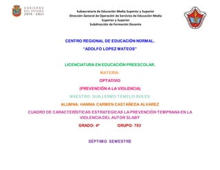 CENTRO REGIONAL DE EDUCACIÒN NORMAL.
“ADOLFO LOPEZ MATEOS”
LICENCIATURA EN EDUCACIÒN PREESCOLAR.
MATERIA:
OPTATIVO
(PREVENCIÓN A LA VIOLENCIA)
MAESTRO: GUILLERMO TEMELO ÁVILES
ALUMNA: HANNIA CARMEN CASTAÑEDA ALVAREZ
CUADRO DE CARACTERÍSTICAS ESTRATEGICAS LA PREVENCIÓN TEMPRANA EN LA
VIOLENCIA.DEL AUTOR SLABY
GRADO: 4º GRUPO: 703
SÉPTIMO SEMESTRE
Subsecretaría de Educación Media Superior y Superior
Dirección General de Operación de Servicios de Educación Media
Superior y Superior
Subdirección de Formación Docente
 