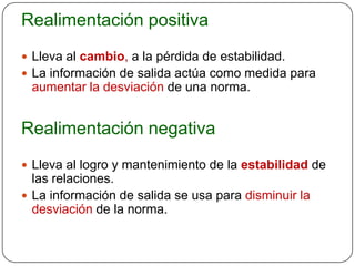 Realimentación positiva
 Lleva al cambio, a la pérdida de estabilidad.
 La información de salida actúa como medida para
 aumentar la desviación de una norma.


Realimentación negativa
 Lleva al logro y mantenimiento de la estabilidad de
  las relaciones.
 La información de salida se usa para disminuir la
  desviación de la norma.
 
