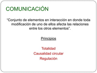 COMUNICACIÓN
“Conjunto de elementos en interacción en donde toda
  modificación de uno de ellos afecta las relaciones
              entre los otros elementos”.

                     Principios

                    Totalidad
                Causalidad circular
                   Regulación
 