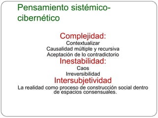 Pensamiento sistémico-
cibernético

                 Complejidad:
                   Contextualizar
           Causalidad múltiple y recursiva
           Aceptación de lo contradictorio
                 Inestabilidad:
                        Caos
                   Irreversibilidad
               Intersubjetividad
La realidad como proceso de construcción social dentro
               de espacios consensuales.
 