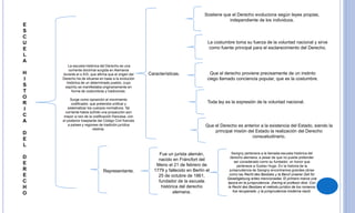 E
S
C
U
E
L
A
H
I
S
T
O
R
I
C
A
D
E
L
D
E
R
E
C
H
O
La escuela histórica del Derecho es una
corriente doctrinal surgida en Alemania
durante el s.XIX, que afirma que el origen del
Derecho ha de situarse en base a la evolución
histórica de un determinado pueblo, cuyo
espíritu se manifestaba originariamente en
forma de costumbres y tradiciones.
Surge como oposición al movimiento
codificador, que pretendía unificar y
sistematizar los cuerpos normativos. Tal
corriente había sufrido una proyección aún
mayor a raíz de la codificación francesa, con
el posterior trasplante del Código Civil francés
a países y regiones de tradición jurídica
distinta.
Características.
Sostiene que el Derecho evoluciona según leyes propias,
independiente de los individuos.
La costumbre toma su fuerza de la voluntad nacional y sirve
como fuente principal para el esclarecimiento del Derecho.
Representante.
Fue un jurista alemán,
nacido en Fráncfort del
Meno el 21 de febrero de
1779 y fallecido en Berlín el
25 de octubre de 1861,
fundador de la escuela
histórica del derecho
alemana.
Savigny pertenece a la llamada escuela histórica del
derecho alemana, a pesar de que no puede pretender
ser considerado como su fundador, un honor que
pertenece a Gustav Hugo. En la historia de la
jurisprudencia de Savigny encontramos grandes obras
como las Recht des Besitzes y la Beruf unserer Zeit für
Gesetzgebung antes mencionadas. El primero marca una
época en la jurisprudencia. Jhering el profesor dice: Con
la Recht des Besitzes el método jurídico de los romanos
fue recuperado, y la jurisprudencia moderna nació.
Que el derecho proviene precisamente de un instinto
ciego llamado conciencia popular, que es la costumbre.
Toda ley es la expresión de la voluntad nacional.
Que el Derecho es anterior a la existencia del Estado, siendo la
principal misión del Estado la realización del Derecho
consuetudinario.
 