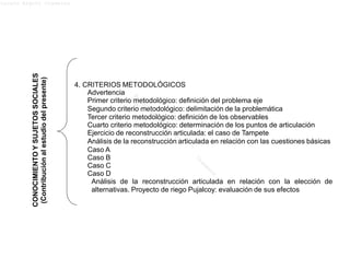 Lucero Argott Cisneros
4. CRITERIOS METODOLÓGICOS
Advertencia
Primer criterio metodológico: definición del problema eje
Segundo criterio metodológico: delimitación de la problemática
Tercer criterio metodológico: definición de los observables
Cuarto criterio metodológico: determinación de los puntos de articulación
Ejercicio de reconstrucción articulada: el caso de Tampete
Análisis de la reconstrucción articulada en relación con las cuestiones básicas
Caso A
Caso B
Caso C
Caso D
Análisis de la reconstrucción articulada en relación con la elección de
alternativas. Proyecto de riego Pujalcoy: evaluación de sus efectos
CONOCIMIENTOYSUJETOSSOCIALES
(Contribuciónalestudiodelpresente)
 