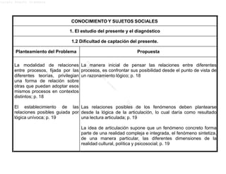 Lucero Argott Cisneros
CONOCIMIENTO Y SUJETOS SOCIALES
1. El estudio del presente y el diagnóstico
1.2 Dificultad de captación del presente.
Planteamiento del Problema Propuesta
La modalidad de relaciones
entre procesos, fijada por las
diferentes teorías, privilegian
una forma de relación sobre
otras que puedan adoptar esos
mismos procesos en contextos
distintos; p. 18
El establecimiento de las
relaciones posibles guiada por
lógica unívoca; p. 19
La manera inicial de pensar las relaciones entre diferentes
procesos, es confrontar sus posibilidad desde el punto de vista de
un razonamiento lógico; p. 18
Las relaciones posibles de los fenómenos deben plantearse
desde la lógica de la articulación, lo cual daría como resultado
una lectura articulada; p. 19
La idea de articulación supone que un fenómeno concreto forma
parte de una realidad compleja e integrada, el fenómeno sintetiza,
de una manera particular, las diferentes dimensiones de la
realidad cultural, política y psicosocial; p. 19
 