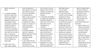 ejemplo, a la clase o al
género.
 Los enfoques etnográficos,
que tienen un papel central
también en la investigación
sobre la infancia, fueron
adoptados al principio por los
que trabajaban el modelo
cultural quienes, envueltos en
la batalla por introducir la
perspectiva del niño en el
mundo social, se esforzaban
en la descripción de la cultura
de los niños como una cultura
aparte, con sistemas de
creencias y prácticas extrañas
para un ojo adulto, en la que
los niños establecían sus
propias reglas.
 Explican James, Prout y
Jenks, requería contextos
social, la incorporación al
propio sujeto del control social,
de la mirada de los otros, en
forma de “otro generalizado”.
 La sociología actual se
referiría a lo post, lo que trata
de situarse más allá de lo
tradicional y lo moderno.
 La aceptación de las reglas
del juego, con sus pros y sus
contras, lo que sucede,
precisamente durante la
socialización.
 La socialización deficiente
puede ser el resultado de
diferentes situaciones, como la
heterogeneidad de las
instituciones o agentes
socializadores.
 El “niño” aparece como una
categoría universal, al servicio
de la coherencia (y la
construcción) de una teoría
niño a su cultura, un proceso
adaptativo similar al que viven,
por ejemplo, las personas que
participan en procesos
migratorios.
 La socialización, así entendida,
se caracteriza por la plasticidad,
sensibilidad y dependencia
infantil, ya que la niña o el niño
desempeña el rol de ser
“socializado” por un
“socializador”.
 Las normas establecidas en
términos de género, ya que
justamente es durante la
infancia cuando se acelera e
intensifica el proceso de
aprendizaje de los roles de
género y las relaciones de
poder entre los géneros.
 Actualmente, en el mundo
globalizado en el que vivimos,
las personas adultas deben
infantil realiza sobre un
numero de sujetos
relativamente grande.
 En el siglo XVII Jan Amos
Comenius, uno de los grandes
educadores de la historia,
defendió la idea de que la
escuela debe variar en función
de la edad del que aprende y
establecía cuatro tipos de
escuelas según los cuatro
periodos de crecimiento, que
serían la infancia, la puericia,
la adolescencia y la juventud.
 Defendía que la enseñanza
debe comenzar a partir de los
sentidos y por ello combatía la
educación verbalista, apoyada
sobre todo en el aprendizaje
de textos, que en buena
medida todavía sigue
imperando en las escuelas.
género y la negocian desde
una edad muy temprana,
especialmente mediante las
interacciones con sus
compañeros, tanto en el
preescolar como en los
demás contextos de sus
mundos sociales.
Las transiciones sociales como
ritos de paso
 Según la opinión de van
Gennep, las transiciones
son procesos dinámicos
que siguen un modelo
secuencial tripartito:
primero, los ritos
preliminares, en segundo
lugar, los ritos liminares o
rituales de umbral, y por
último, los ritos
postliminares que marcan
la reincorporación al
mundo del individuo
 