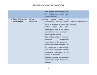 TEORIAS DE LA COMUNICACIÓN
2
esta agenda hacen acuerdos con
los medios para definir que
publicar y que no
2. Aguja Hipodér...