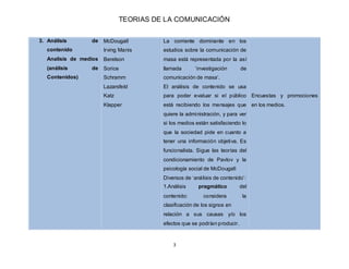 TEORIAS DE LA COMUNICACIÓN
3
3. Análisis de
contenido
Analisis de medios
(análisis de
Contenidos)
McDougall
Irving Manis
B...