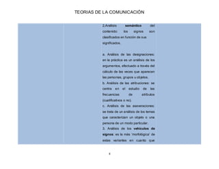 TEORIAS DE LA COMUNICACIÓN
4
2.Análisis semántico del
contenido: los signos son
clasificados en función de sus
significado...