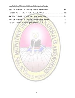 Propiedad Intelectual de la Universidad Nacional de San Agustín de Arequipa
VIII
ANEXO 4: Flowsheet Del Ciruito De Flotación y Remolienda. ......................................69
ANEXO 5: Flowsheet Del Ciruito De Planta De Molibdeno. ..........................................70
ANEXO 6: Flowsheet Del Ciruito De Planta De Molibdeno. ..........................................71
ANEXO 6: Flowsheet Del Ciruito De Espesadores de Relaves.....................................72
ANEXO 7: Reporte de análisis granulométrico HPGR. .................................................73
 