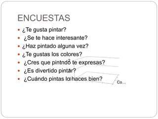 ENCUESTAS
 ¿Te gusta pintar?
 ¿Se te hace interesante?
 ¿Haz pintado alguna vez?
 ¿Te gustas los colores?
 ¿Cres que pintndo te expresas?
 ¿Es divertido pintar?
 ¿Cuándo pintas lo haces bien? Co…
0
1
2
 