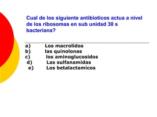 Cual de los siguiente antibioticos actua a nivel de los ribosomas en sub unidad 30 s bacteriana? a)  Los macrolidos b)  las quinolonas  c)  los aminoglucosidos d)  Las sulfanamidas e)  Los betalactamicos 