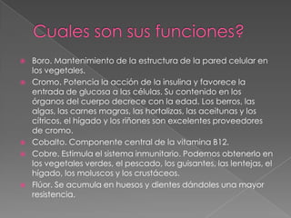 







Boro. Mantenimiento de la estructura de la pared celular en
los vegetales.
Cromo. Potencia la acción de la insulina y favorece la
entrada de glucosa a las células. Su contenido en los
órganos del cuerpo decrece con la edad. Los berros, las
algas, las carnes magras, las hortalizas, las aceitunas y los
cítricos, el hígado y los riñones son excelentes proveedores
de cromo.
Cobalto. Componente central de la vitamina B12.
Cobre. Estimula el sistema inmunitario. Podemos obtenerlo en
los vegetales verdes, el pescado, los guisantes, las lentejas, el
hígado, los moluscos y los crustáceos.
Flúor. Se acumula en huesos y dientes dándoles una mayor
resistencia.

 