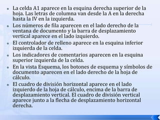 La celda A1 aparece en la esquina derecha superior de la hoja. Las letras de columna van desde la A en la derecha hasta la IV en la izquierda. Los números de fila aparecen en el lado derecho de la ventana de documento y la barra de desplazamiento vertical aparece en el lado izquierdo. El controlador de relleno aparece en la esquina inferior izquierda de la celda. Los indicadores de comentarios aparecen en la esquina superior izquierda de la celda. En la vista Esquema, los botones de esquema y símbolos de documento aparecen en el lado derecho de la hoja de cálculo. El cuadro de división horizontal aparece en el lado izquierdo de la hoja de cálculo, encima de la barra de desplazamiento vertical. El cuadro de división vertical aparece junto a la flecha de desplazamiento horizontal derecha. 