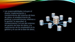 • Las responsabilidades incluyen el
diseño, implementación y
mantenimiento del sistemas de base
de datos; el establecimiento de
políticas y procedimientos relativos a
la gestión, la seguridad, el
mantenimiento y el uso del sistemas
de gestión de base de datos; y la
capacitación de los empleados en la
gestión y el uso de la base de datos,
 