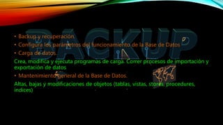 • Backup y recuperación.
• Configura los parámetros del funcionamiento de la Base de Datos
• Carga de datos.
Crea, modifica y ejecuta programas de carga. Correr procesos de importación y
exportación de datos
• Mantenimiento general de la Base de Datos.
Altas, bajas y modificaciones de objetos (tablas, vistas, stores, procedures,
índices)
 
